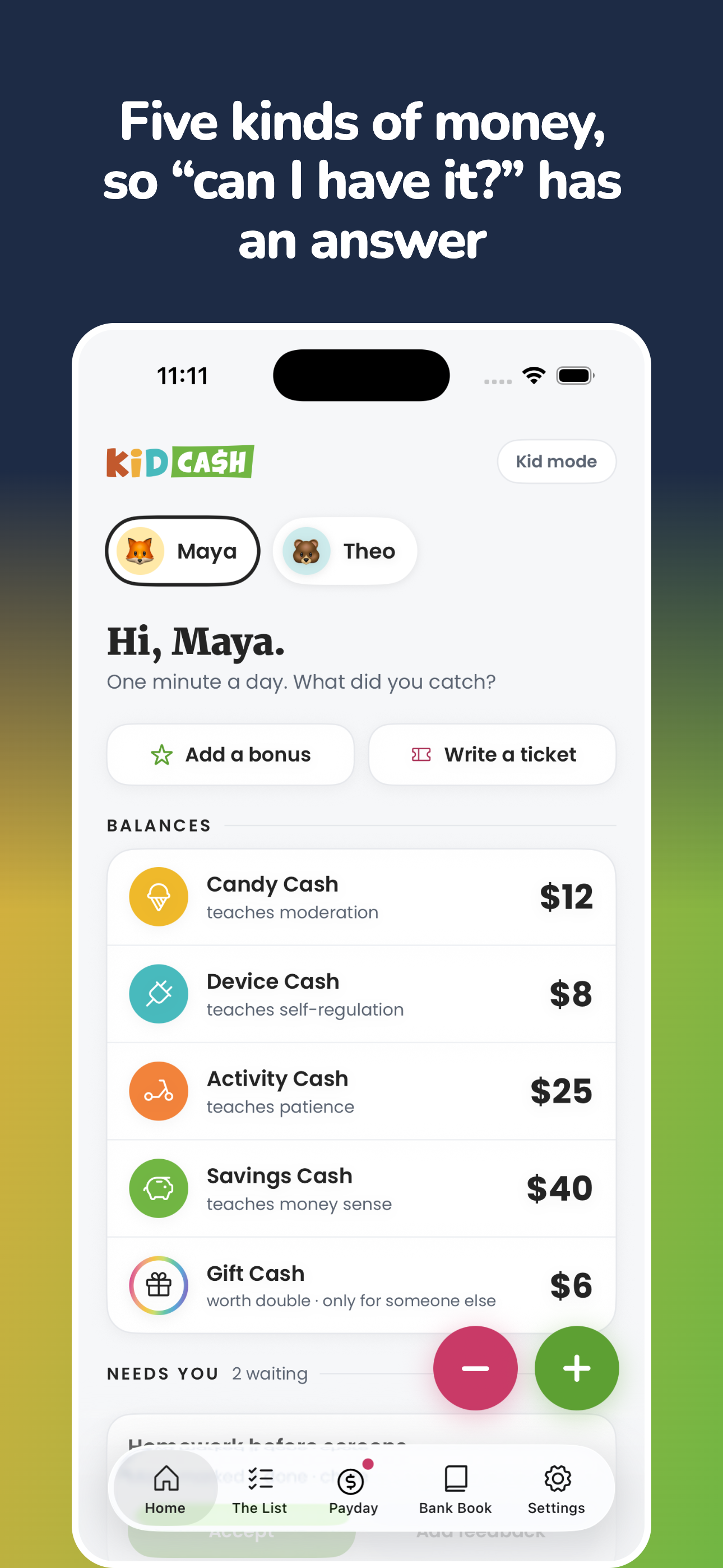 The KidCash app home screen, showing five currency balances