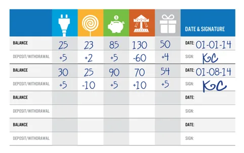 Inside a KidCash bank book, showing the allowance ledger pages