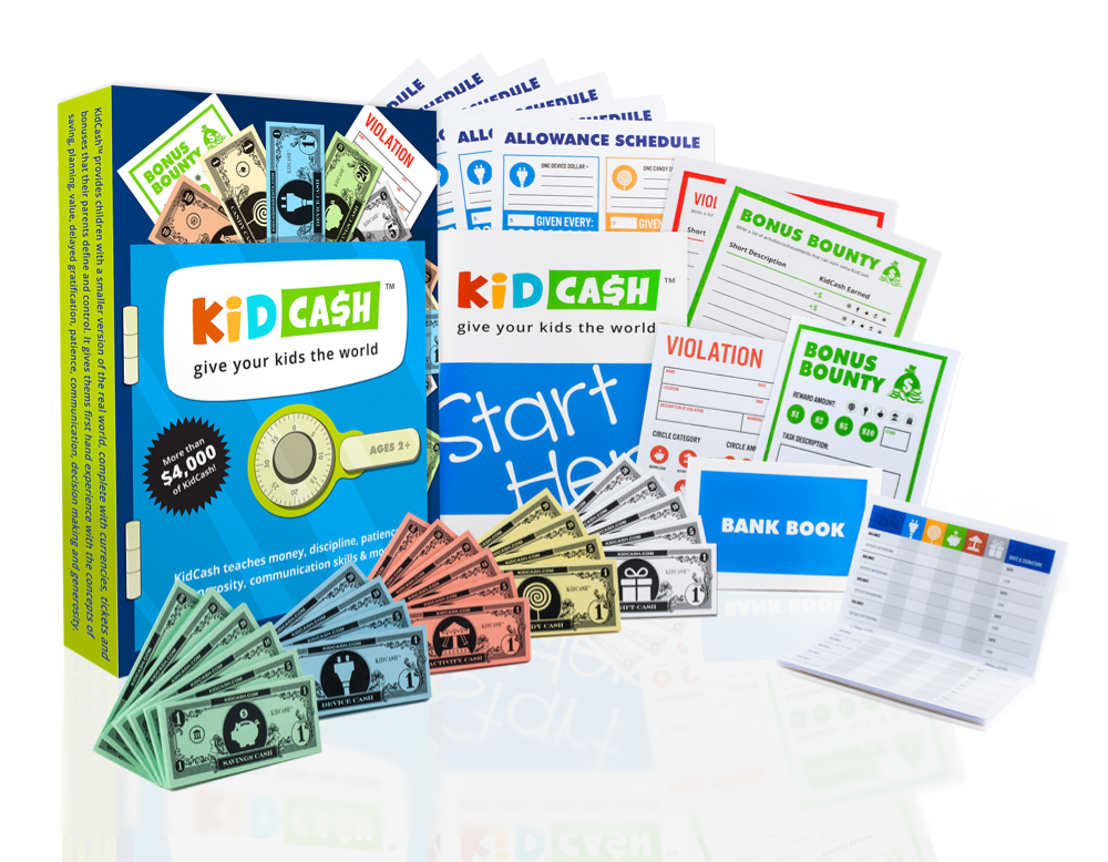 Everything in the KidCash Parenting Kit, laid out