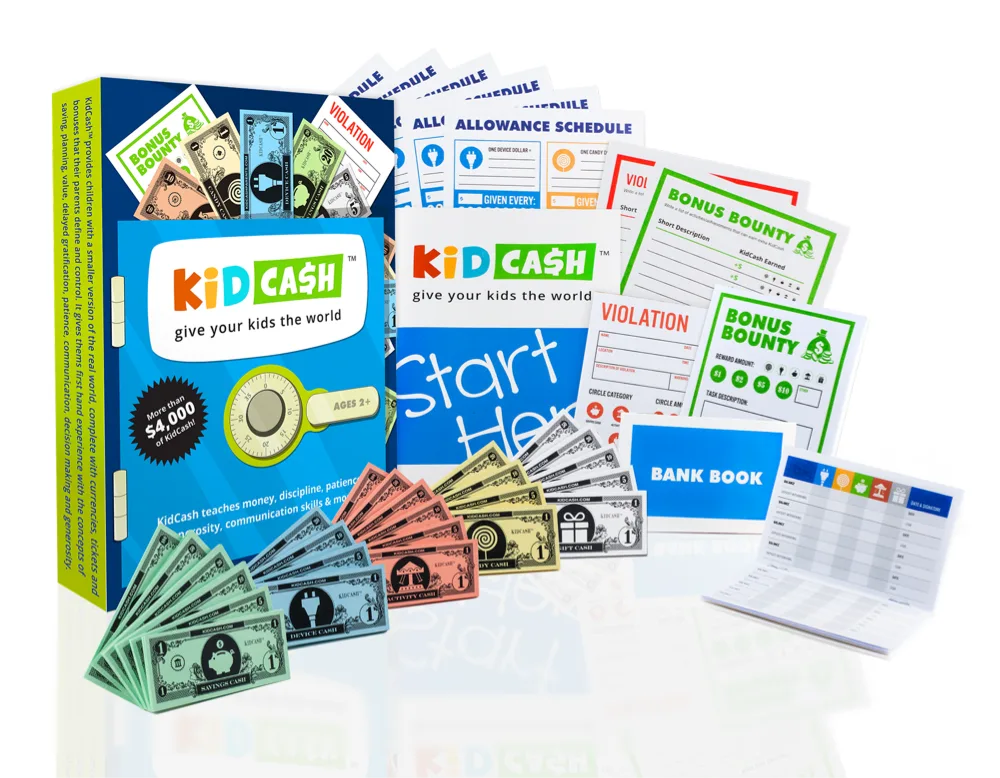 Everything in the KidCash paper kit laid out: play money bills, bank books, schedules and tickets